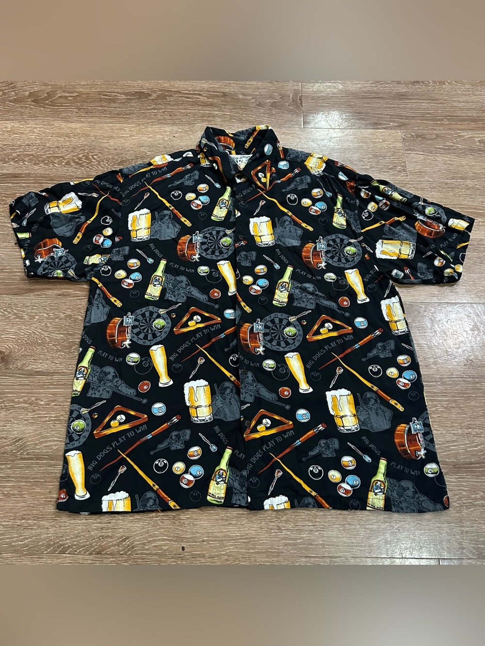 Vintage Big Dogs Shirt Mens L Billiards Pool Beer Darts Cigar Rayon Button Up